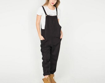 Black Linen Jumpsuit. Women Overall. Linen Overall. Oversized. Black Trousers. Linen Pants. Nordic style.