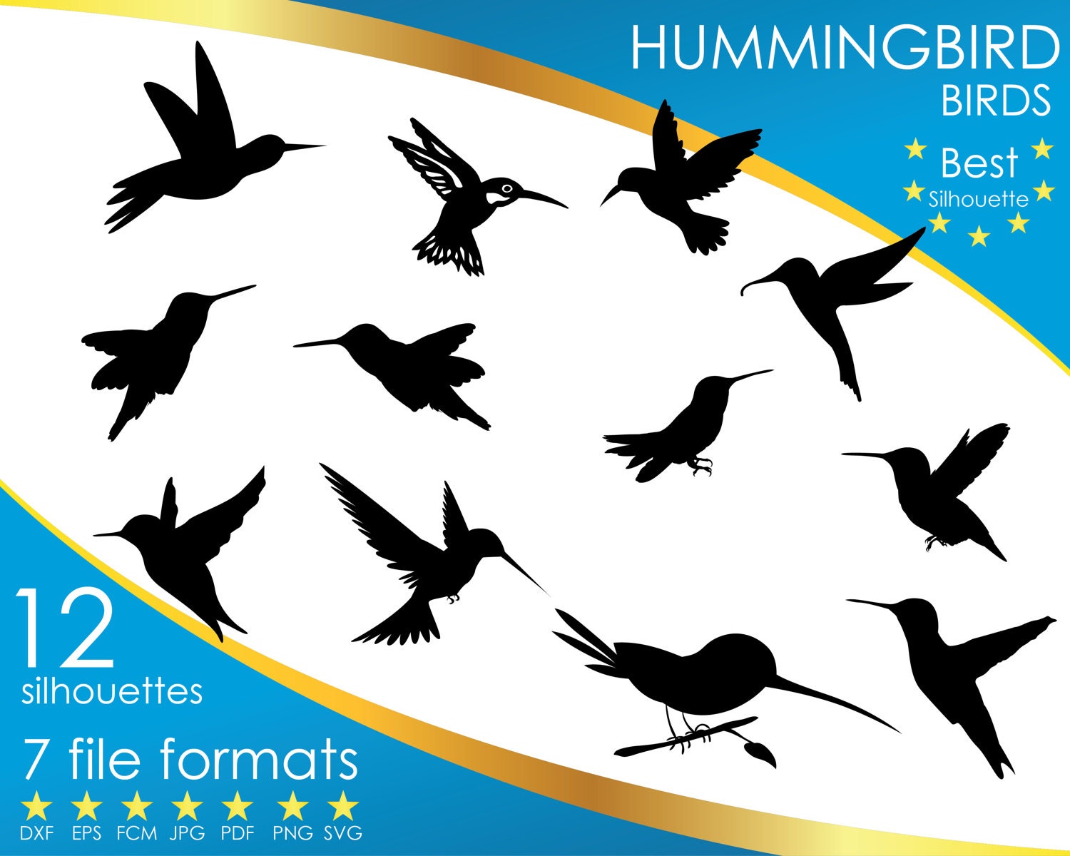 Download 12 Silhouettes Hummingbird Bird dxf eps fcm jpg pdf