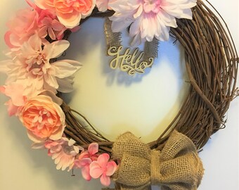 Summer Wreaths for Front Door, Spring Wreaths, Burlap Wreath, Grapevine Wreath, House Warming Gift, Burlap Wreaths, Hydrangeas