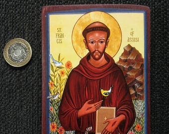 Icon of St Francis of Assisi, hand-mounted on reclaimed wood.