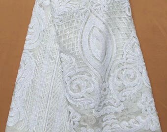 white color african lace fabric with shinny sequins in fashion style for african wedding dress , 5 yards /lot african fabric