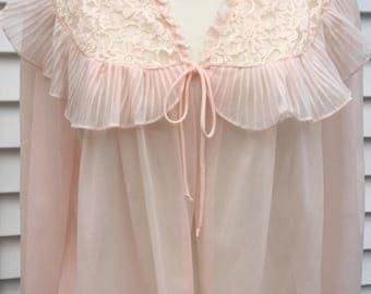 Lovely Vintage Nylon Bed Jacket w/ Lace Yoke & Accordion Pleats Size Lg