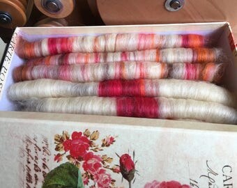 Rolags, 100g, Free Project Box, Organically Farmed, Devon Wensleydale, Indie dyed, Hand dyed, Natural, Red, Orange, Brown, OOAK.