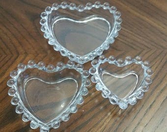 Vintage Imperial Glass Candlewick Clear 3 Pc Nesting Heart Nut Dish
