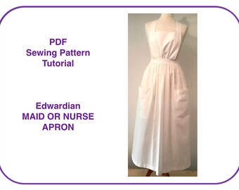 Apron pattern. Print at home PDF sewing pattern tutorial for long apron Edwardian or Victorian Nurse or Maid costume apron. Instant download