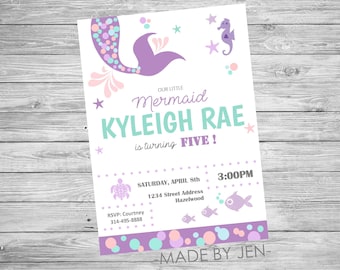 Mermaid Birthday Invitation, Mermaid Invitation, Birthday Party, Under the Sea, Purple and Teal, Mermaid, DIGITAL FILE CUSTOM 5x7