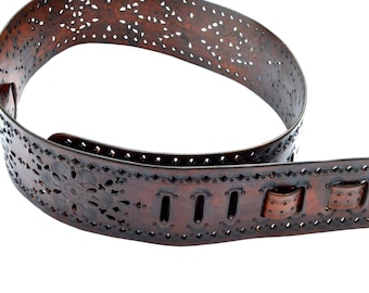 Wide Leather Guitar Strap Tooled and Punched Dark Brown