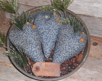 Set of 3 Primitive Grungy Rustic Country Blue Floral Old Fashioned LOVE Hearts Heart Shaped Bowl Fillers - Ornies - Tucks - Ornaments