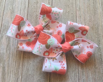 Hair Bows,Coral,Mint,Peach Hair Bows,Floral Hair Bows,Pigtail Hair Bows,French Barrettes,Ready to Ship