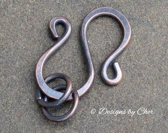 Handmade S Clasp with Rings, Antiqued Copper Hammered Metalwork Jewelry Clasp (14 Gauge) MTO Component