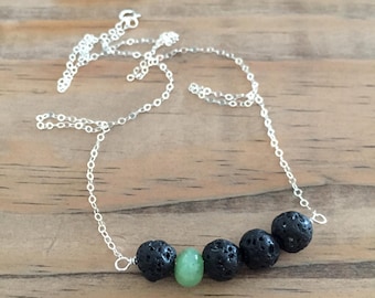 lava bead diffuser necklace for essential oils with chrysoprase gemstone - sterling silver