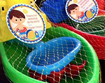 Pool Party Favor Tags or Stickers for Boys / Choose Hair and Skin Color / Personalized with Name / Swimming Party Favor Tags / Set of 12