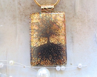 Gold Necklace, Tree of Life, Dichroic Pendant, Fused Glass Jewelry, Necklace Included, A3