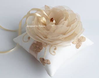 Wedding ring bearer pillow with light beige/charm flower and embroidered flowers---wedding rings pillow , wedding pillow