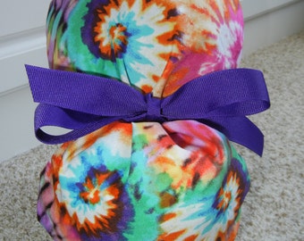 Turn Up Ponytail Scrub Hat with Groovy Tye Dye CHOOSE RIBBON COLOR
