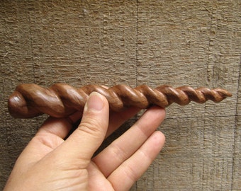 Spiral carved Walnut wooded hair stick, Unicorn style by Tanja Sova