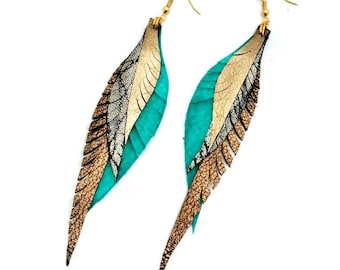 Leather Feather Earrings - silver, turquoise and gold