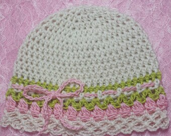 Sweet Pea -Crochet Hat-Lime Green-Soft Pink-Ivory-Flower Clip-Vintage Inspired Hat-Teen/Girls Hat-Toddler Hat-Baby Hat-Fall/Winter Hat