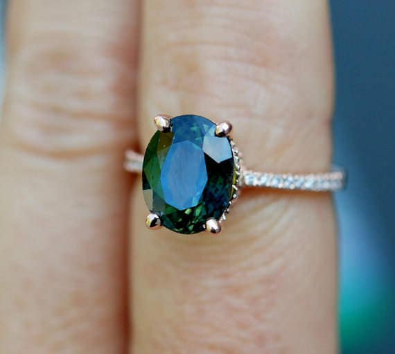 Green sapphire engagement ring. Peacock green sapphire 3.96ct