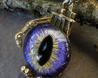 Gothic Steampunk Robot Claw Pendant with Purple Eye