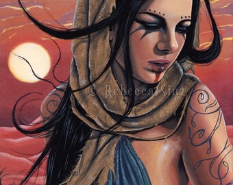 Wasteland ORIGINAL PAINTING Post-Apocalyptic Apocalypse desert sunset portrait acrylics gouache warm sand tattoos makeup gothic fantasy