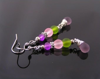 Colorful Seaglass Earrings, Czech Sea Glass Earrings, Pink, Green and Purple Earrings, Sea Glass Jewelry, Colorful Jewelry, E2389