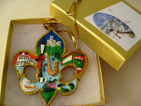 new orleans christmas ornament fleur de lis w gift box bow new orleans christmas ornament fleur de lis w gift box bow