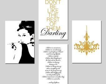 Audrey Hepburn Wall Art Set of 4 Audrey Hepburn, I Believe in Pink, Chandelier, Don't Be Like The Rest Of Them Darling - CHOOSE YOUR COLORS