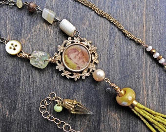 Yellow tassel necklace with photo portrait, rustic collage art jewelry - “Those Long Dead”