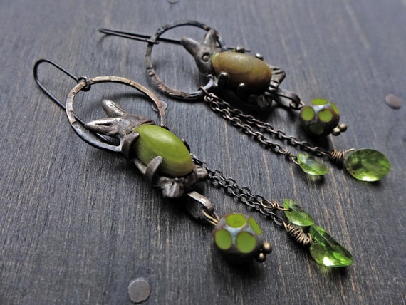 Artisan sterling earrings with peridot and bunnies- “Parents of Spring”