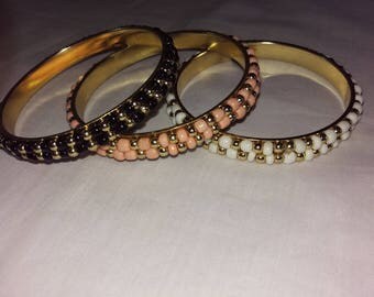 Set 3 Vintage Beaded Bangle Bracelets Pink White Black