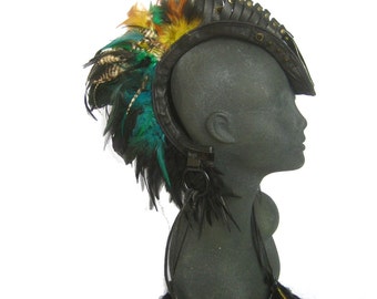 leather mohawk,head piece,Leather Feather Headdress, burning man,shaman, warrior tribal:RenegadeIconDesigns; Rara Avis Collection