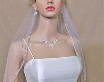 Rhinestone Edge Wedding Veil, Elbow Waist Length Veil w/ Genuine Crystal Rhinestones and Extra Soft Tulle