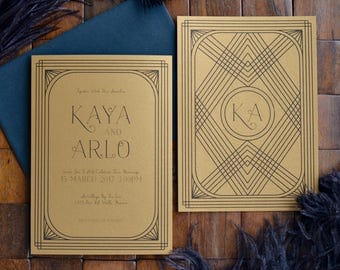 Celtic Art Deco Wedding Invitation Set - Invite and Response Card - in Gold or Silver Shimmer