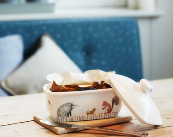 Woodland Animals Butter Dish - made from dishwasher safe fine bone china