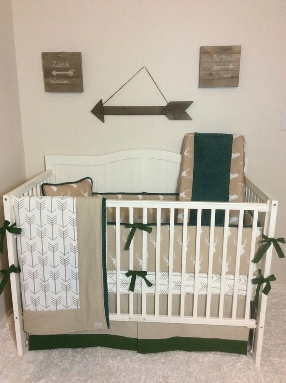 Baby Boy Crib Bedding Set Made to Order Tan and Hunter Green