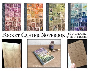 Colourful Kraft Cahier Insert, A6 Pocket Notebook, TN Traveler Notebook Fauxdori | Boho Memory Book, Travel Gift | Postage Stamp Collage Art