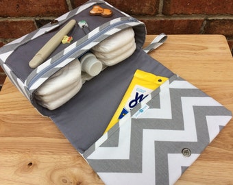New and larger grey chevron diaper clutch, small diaper bag, gray baby bag with clear zipper pouch, baby shower gift for new parents