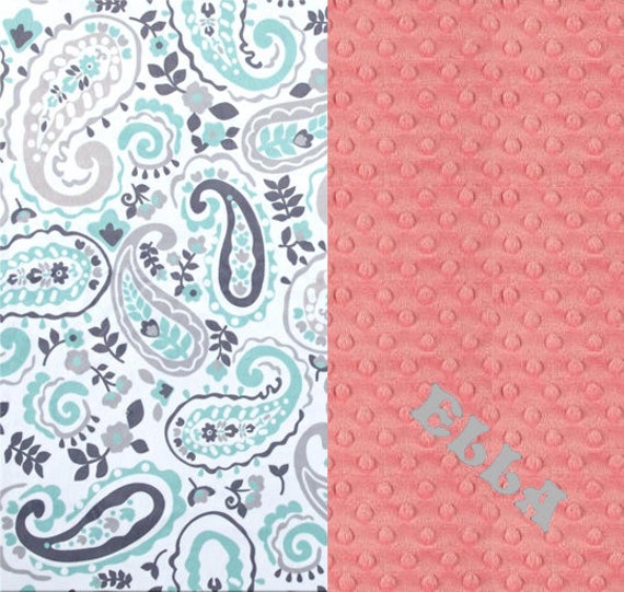 Minky Baby Blanket Girl, Gray Mint Coral Paisley Personalized Baby Blanket - Nursery Decor / Coral Baby Blanket / Name Baby Blanket