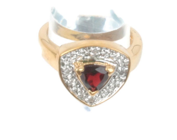 Garnet Ring Trillion Cut Stone Diamonds Silver Tone Size 5 3/4