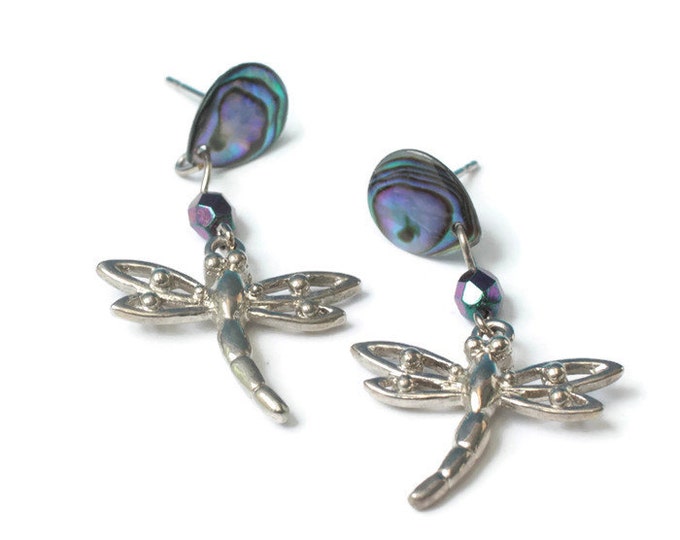 Vintage Dragonfly Earrings Abalone Shell Dangle Silver Tone Posts Insect Jewelry Drop Earrings