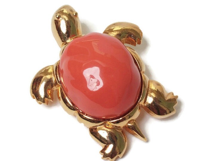 KJL Turtle Brooch Pendant Orange Lucite Gold Tone Vintage