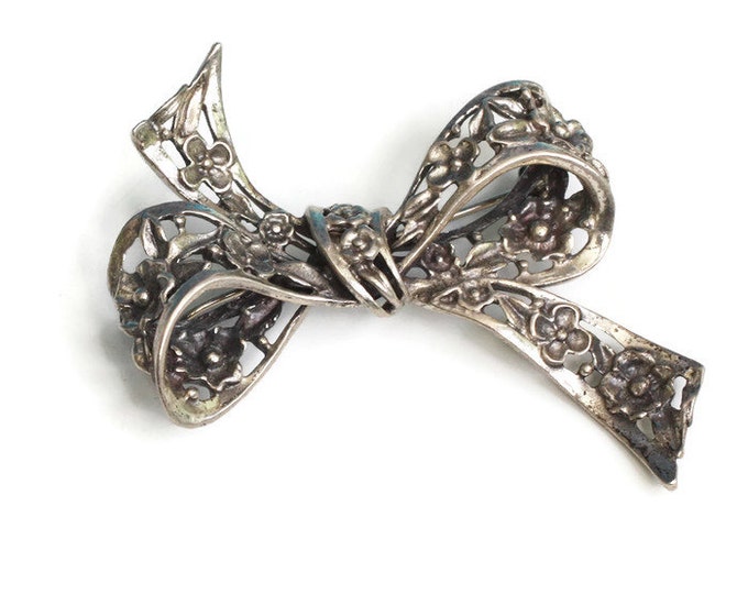 Danecraft Sterling Bow Shaped Brooch Floral Accents Vintage