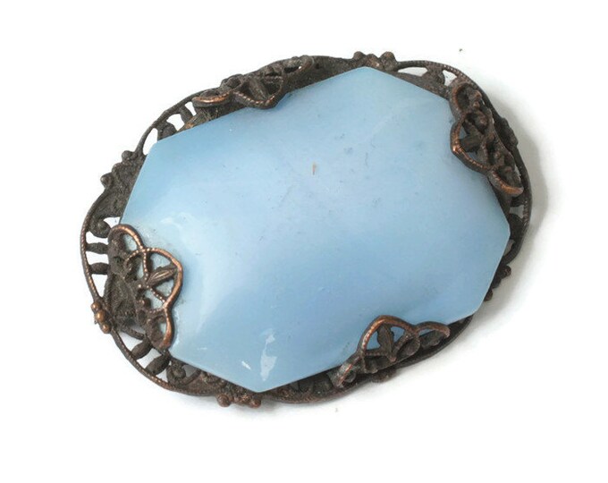 Pale Blue Satin Glass Brooch Filigree Setting Antique