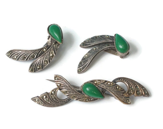 Marcasite Silver Brooch and Earring Set Green Accents Older Vintage