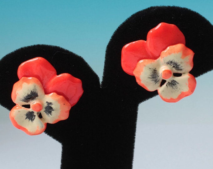 Enameled Orange Pansy Flower Earrings Bright Orange Vintage Clip On Spring Summer