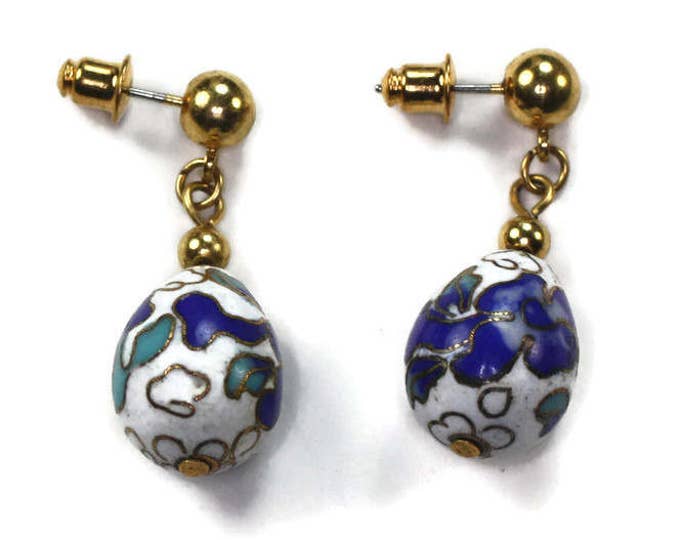 Cloisonne Porcelain Dangle Earrings Egg Shaped Blue and White with Posts Vintage