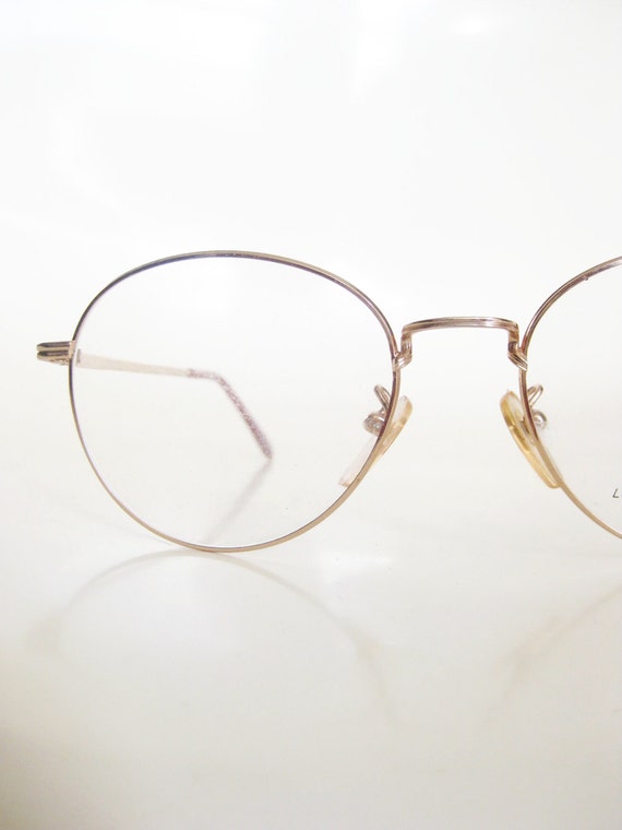 Mens Round Glasses Vintage 1980s Gold Wire Rim Metallic Shiny