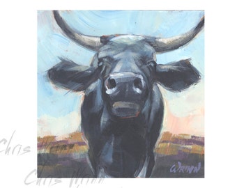 Cow Painting, Black Cow Original Painting 5x5 inches, Farm