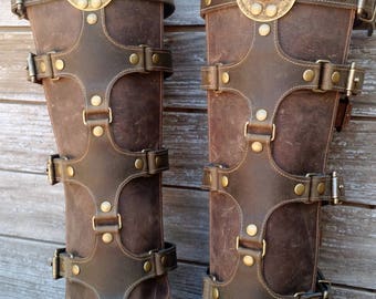 Olive Green and Brown Leather Shin Guards, Shinguards or Gaiters with Antiqued Brass Hardware and Ethiopian Shield Pair 2